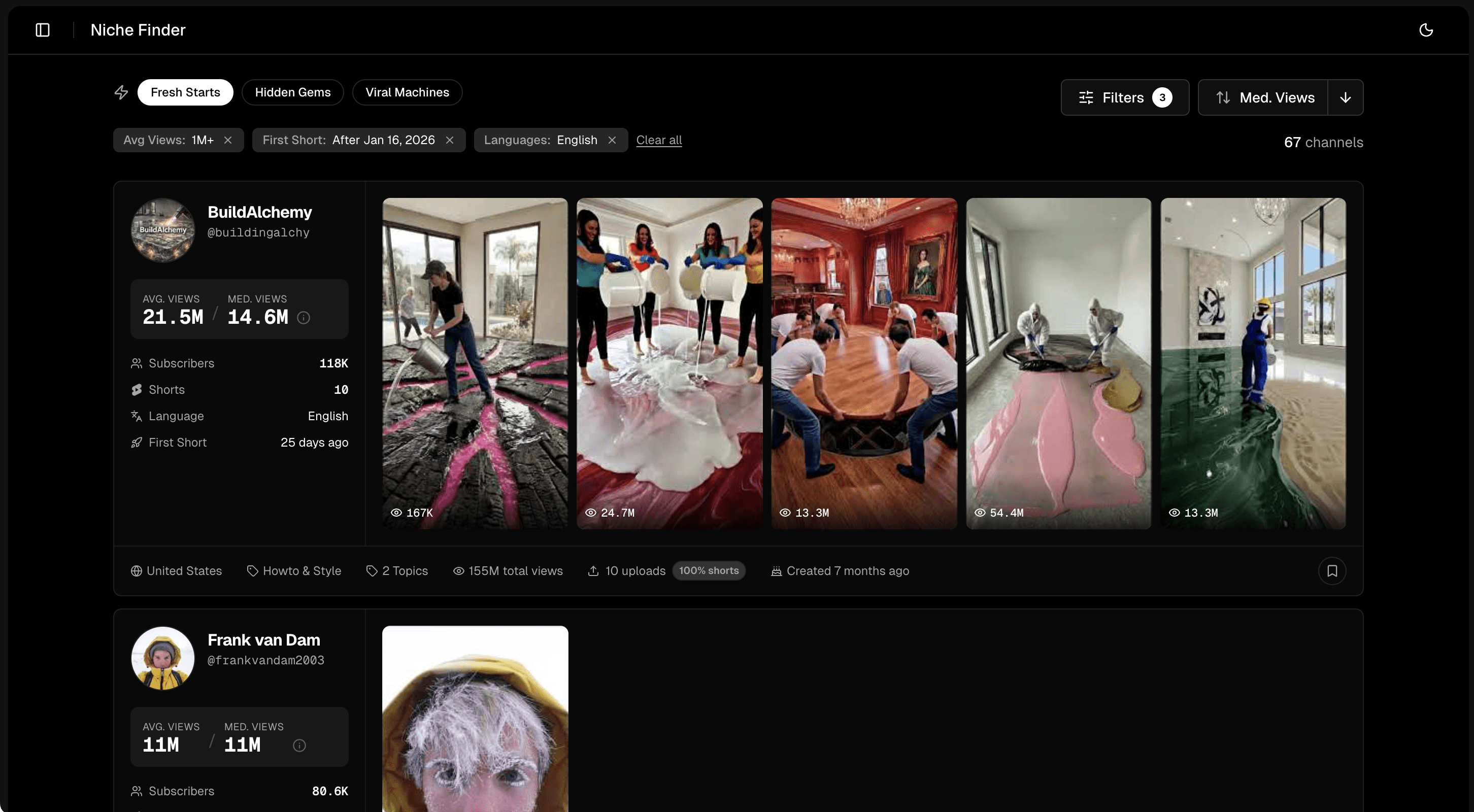 Niche Finder results showing channels with thumbnails, view counts, and stats