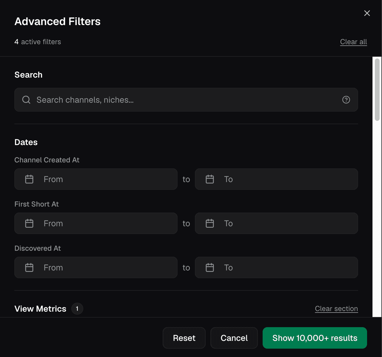 Advanced filters dialog with date ranges, view counts, and subscriber metrics